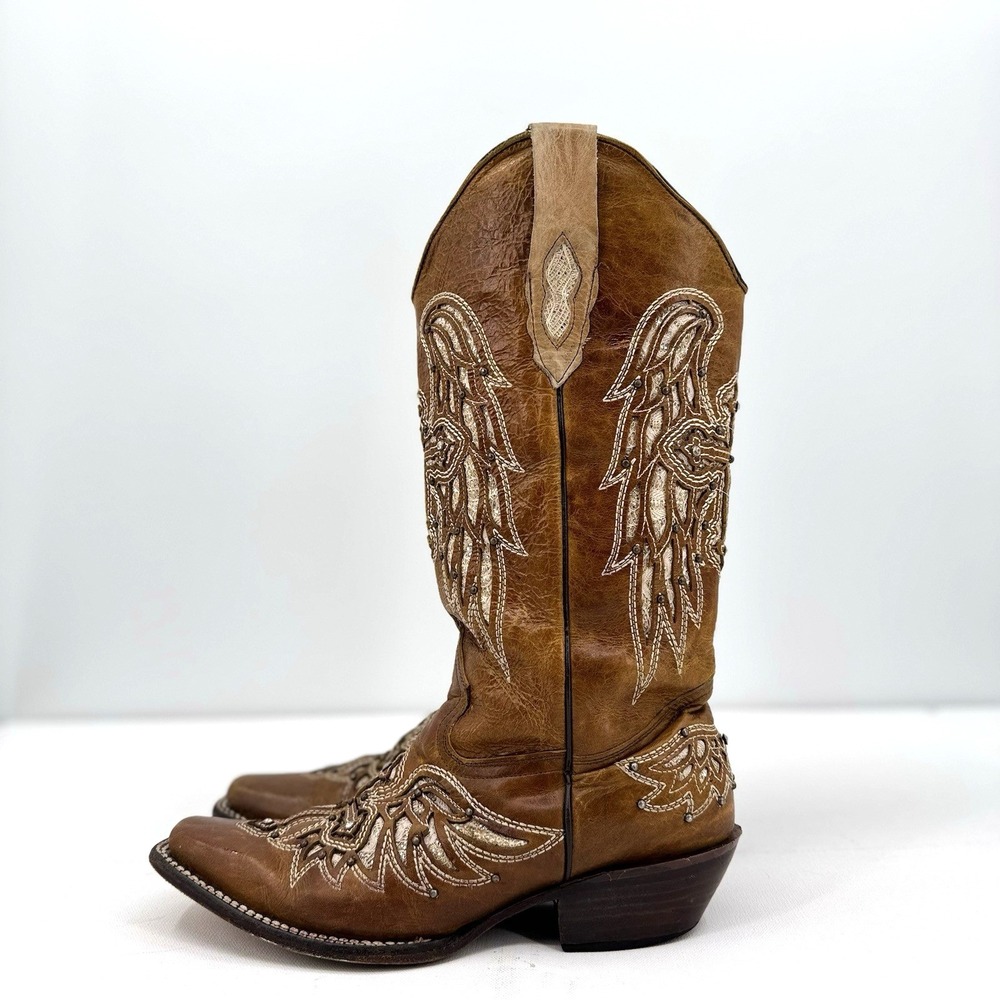 Brandon Cowboy Boots Womens 9.5 Brown Leather Cross Embroidered Studded Western